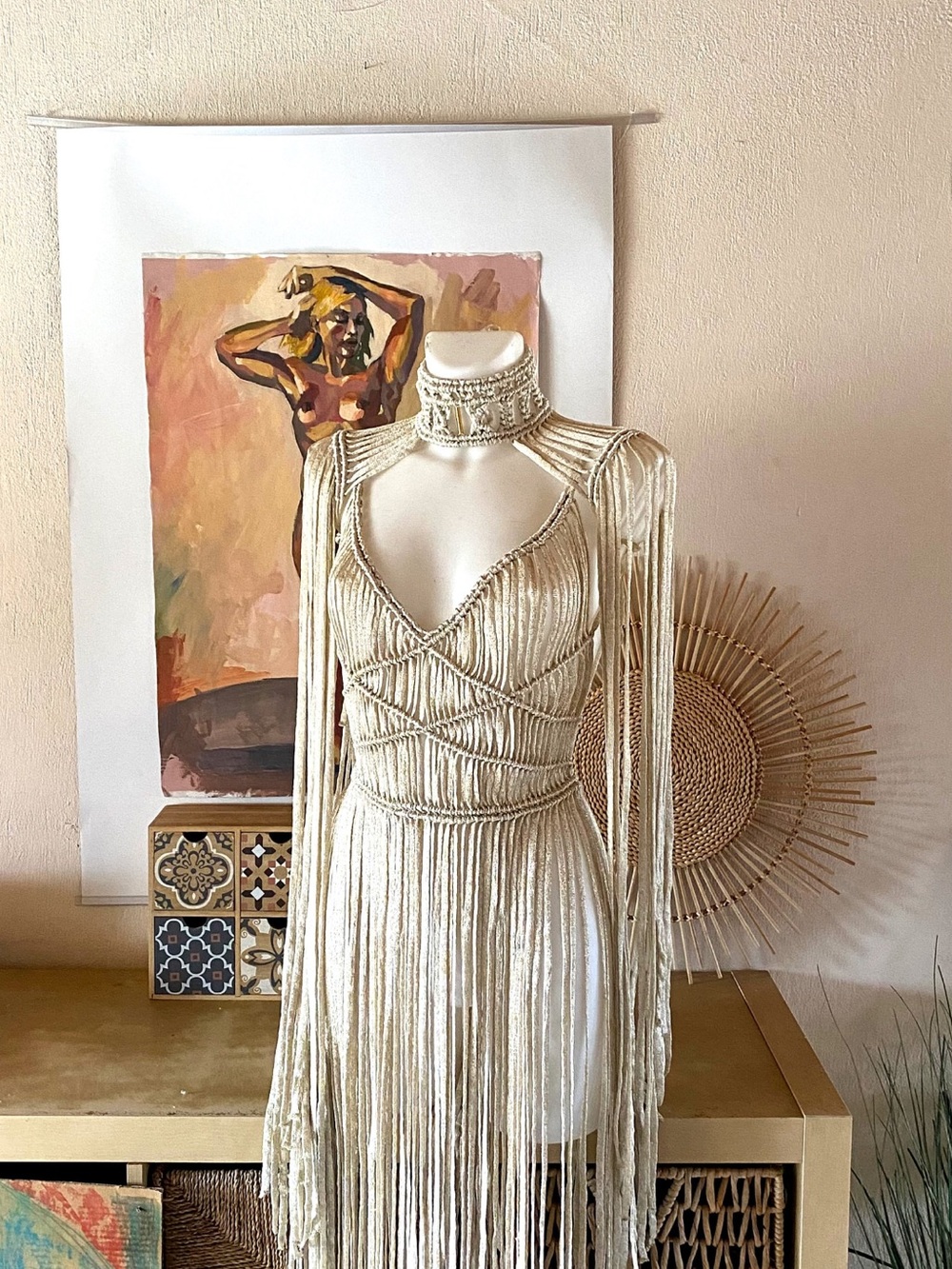 Custom Ivory Fringe V-Neck Dress with High Neck - Picture 2 of 9